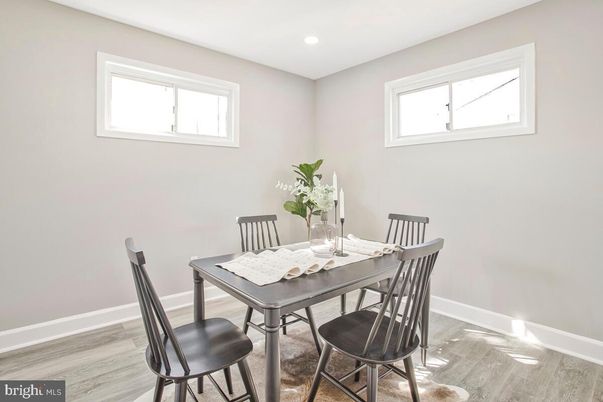 Dining room, Interior, Recessed Lighting, Wood Texture Flooring