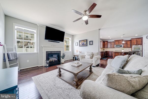 Fireplace, Interior, Kitchen, Living room, Pendant Lights, Recessed Lighting, Stainless Steel Appliances, Wood Texture Flooring