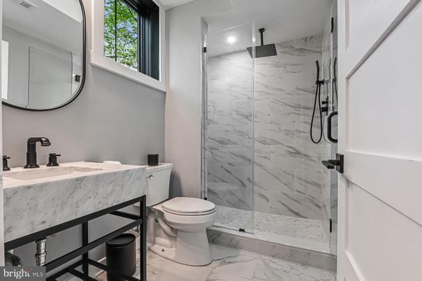 Bathroom, Glass Shower, Interior, Marble, Marble Walls, Recessed Lighting