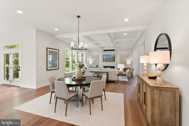 Chandelier, Dining room, Interior, Living room, Recessed Lighting, Wood Texture Flooring