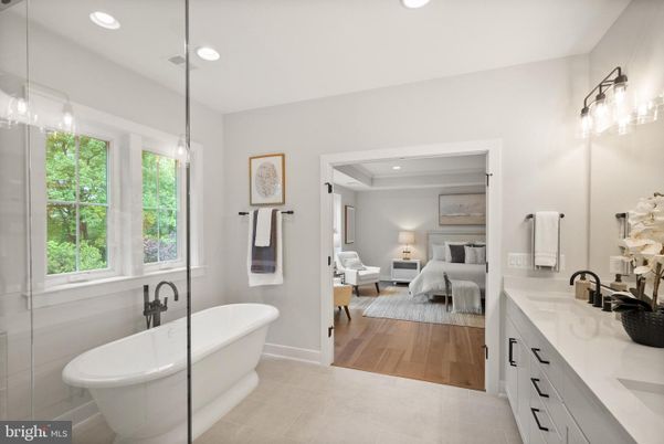Bathroom, Bedroom, Dual Sink Vanities, Free Standing Baths, Interior, Pendant Lights, Recessed Lighting, Wood Texture Flooring