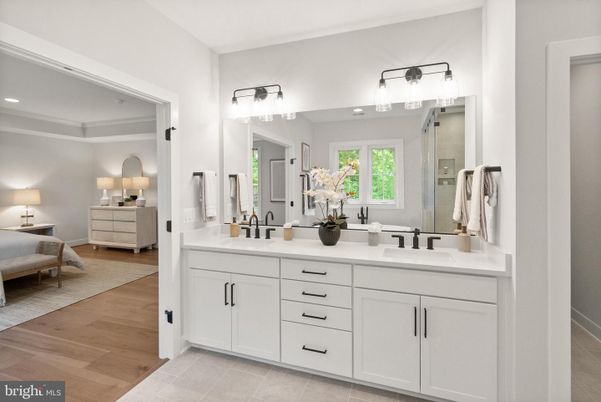 Bathroom, Dual Sink Vanities, Interior, Recessed Lighting, Wood Texture Flooring