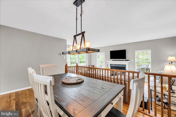 Dining room, Fireplace, Interior, Pendant Lights, Wood Texture Flooring