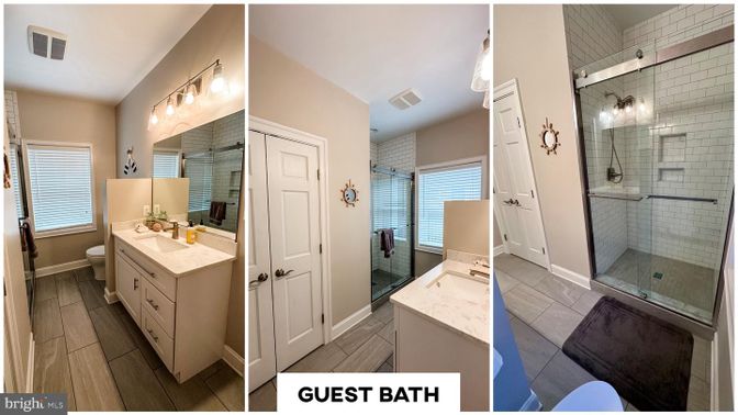 Bathroom, Dual Sink Vanities, Glass Shower, Interior, Wood Texture Flooring