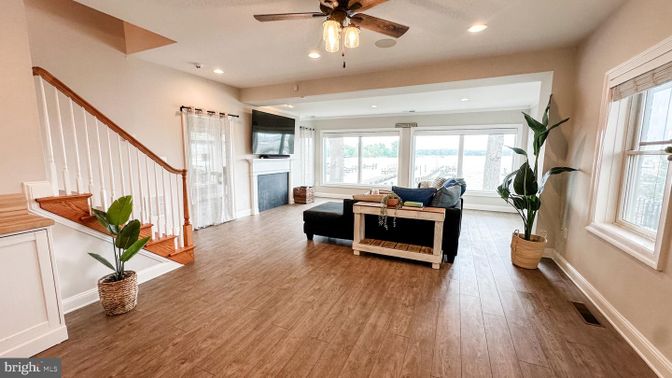 Fireplace, Interior, Living room, Recessed Lighting, Wood Texture Flooring