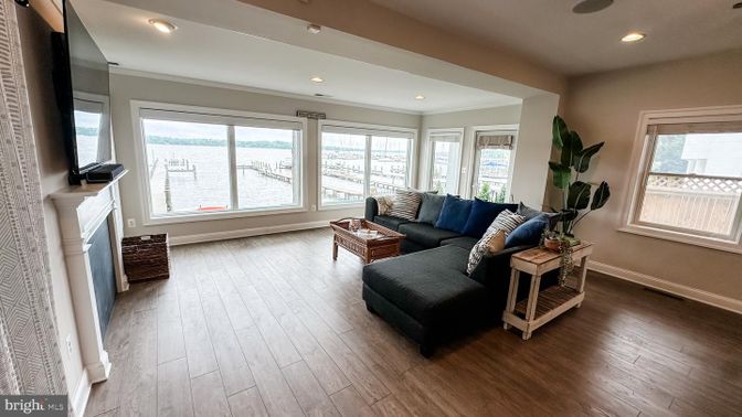 Fireplace, Interior, Living room, Recessed Lighting, Wood Texture Flooring