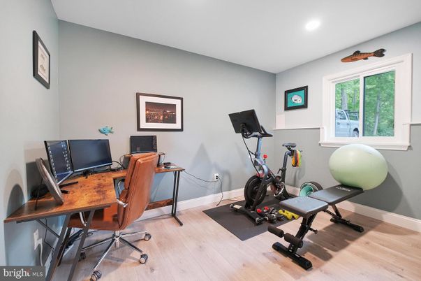 Fitness Equipment, Home Office, Interior, Recessed Lighting, Wood Texture Flooring