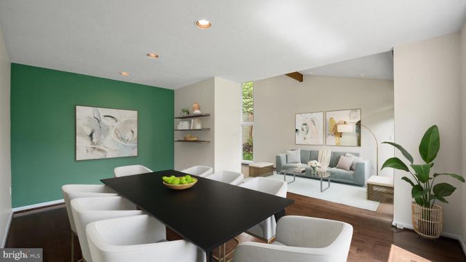 Dining room, Interior, Living room, Recessed Lighting, Wooden Beams, Wood Texture Flooring