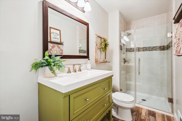 Bathroom, Glass Shower, Interior, Wood Texture Flooring