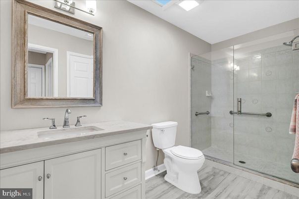 Bathroom, Glass Shower, Interior, Wood Texture Flooring