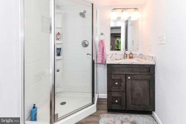 Bathroom, Glass Shower, Interior, Wood Texture Flooring