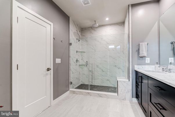 Bathroom, Glass Shower, Interior, Marble Walls, Recessed Lighting