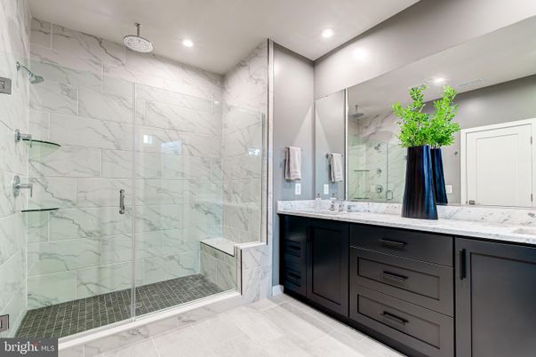 Bathroom, Glass Shower, Interior, Marble Walls, Recessed Lighting
