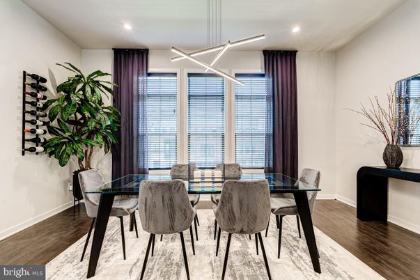 Dining room, Interior, Pendant Lights, Recessed Lighting, Wood Texture Flooring