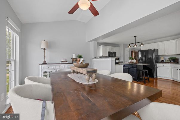 Dining room, Interior, Kitchen, Pendant Lights, Stainless Steel Appliances, Wood Texture Flooring