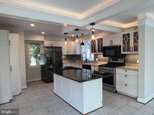 Interior, Kitchen, Marble, Pendant Lights, Recessed Lighting, Stainless Steel Appliances