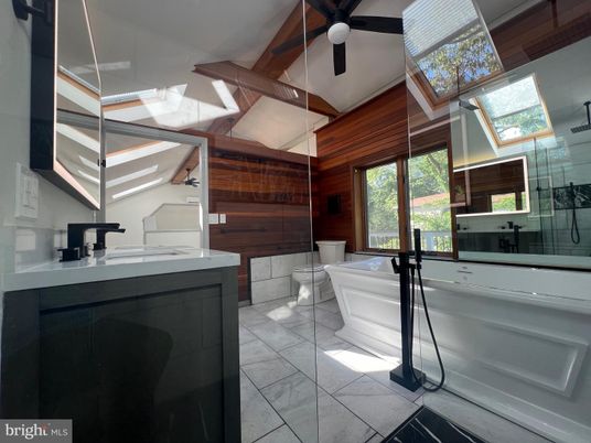Bathroom, Dual Sink Vanities, Free Standing Baths, Glass Shower, Interior, Wooden Walls