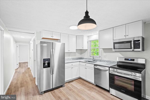 Interior, Kitchen, Pendant Lights, Stainless Steel Appliances, Wood Texture Flooring