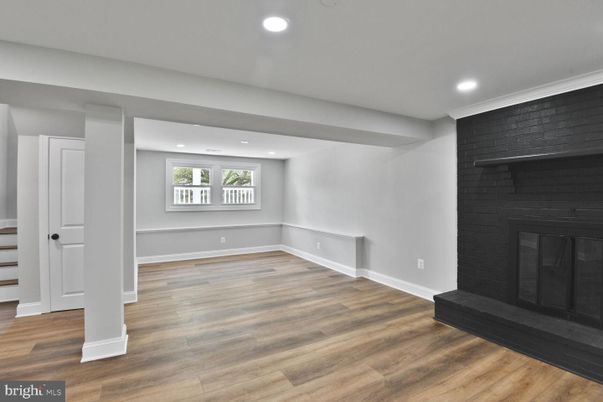 Empty room, Fireplace, Interior, Recessed Lighting, Wood Texture Flooring