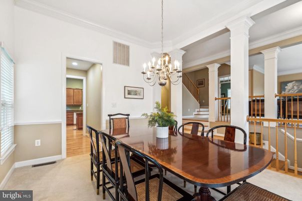 Chandelier, Dining room, Interior, Recessed Lighting, Wood Texture Flooring