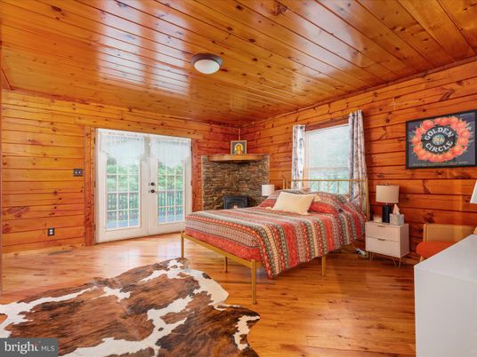 Bedroom, Fireplace, Interior, Wooden Ceilings, Wood Texture Flooring, Wooden Walls