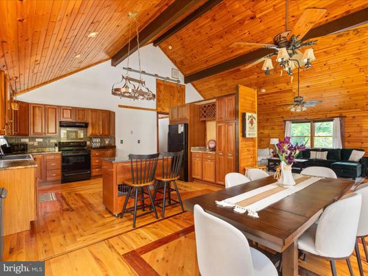 Dining room, Interior, Kitchen, Pendant Lights, Wooden Beams, Wooden Ceilings, Wood Texture Flooring, Wooden Walls