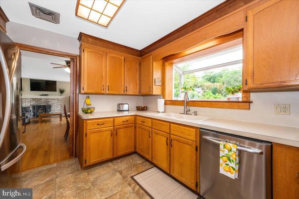 Fireplace, Interior, Kitchen, Stainless Steel Appliances, Wood Texture Flooring