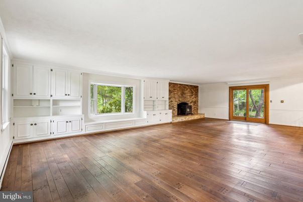 Empty room, Fireplace, Interior, Stone Walls, Wood Texture Flooring