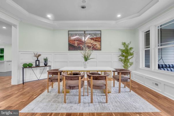 Dining room, Interior, Pendant Lights, Recessed Lighting, Wood Texture Flooring