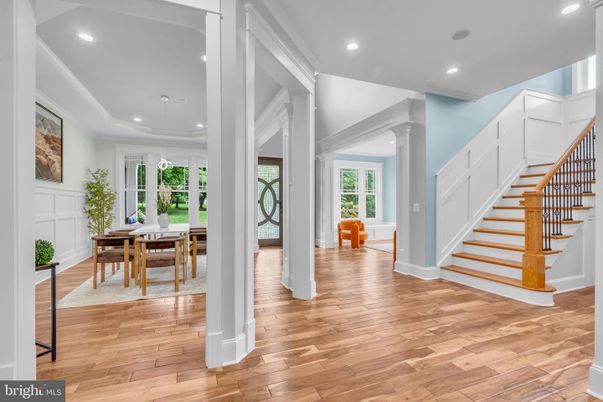 Dining room, Interior, Pendant Lights, Recessed Lighting, Wood Texture Flooring