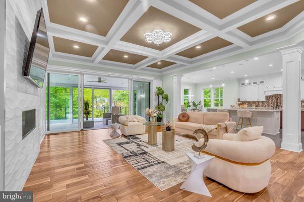 Fireplace, Interior, Kitchen, Living room, Recessed Lighting, Wood Texture Flooring
