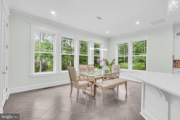 Dining room, Interior, Pendant Lights, Recessed Lighting, Wood Texture Flooring