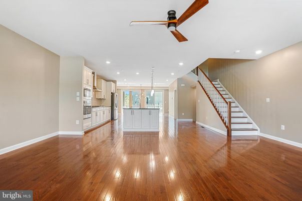 Empty room, Interior, Kitchen, Pendant Lights, Recessed Lighting, Wood Texture Flooring