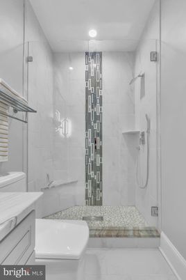 Bathroom, Glass Shower, Interior, Marble Walls, Recessed Lighting