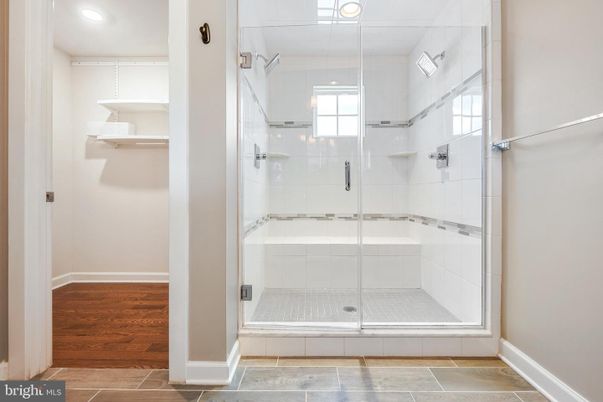 Bathroom, Glass Shower, Interior, Recessed Lighting, Wood Texture Flooring
