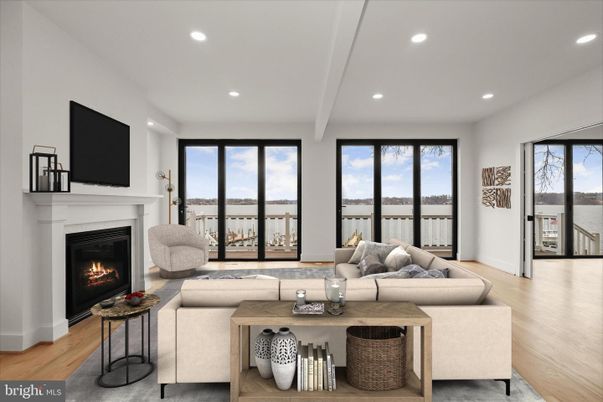 Fireplace, Interior, Living room, Recessed Lighting, Water, Wood Texture Flooring