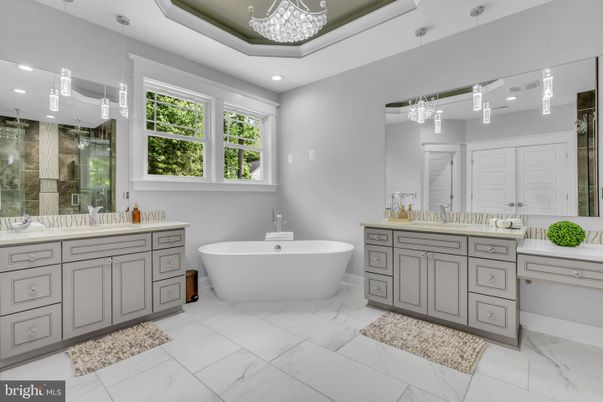 Bathroom, Dual Sink Vanities, Free Standing Baths, Glass Shower, Interior, Marble, Pendant Lights, Recessed Lighting