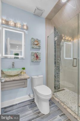 Bathroom, Glass Shower, Interior, Wood Texture Flooring