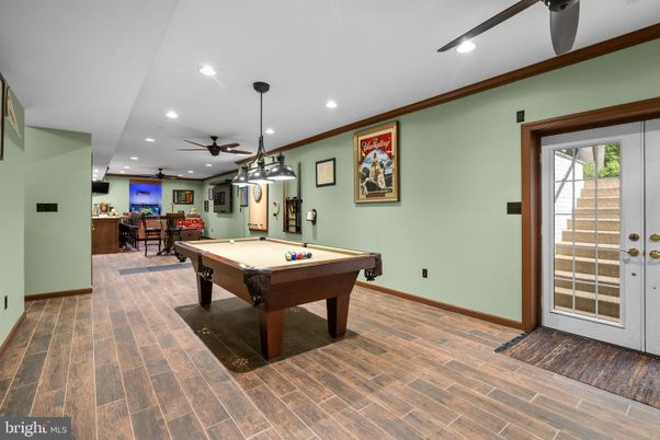 Billiard Table, Game Room, Interior, Pendant Lights, Recessed Lighting, Wood Texture Flooring