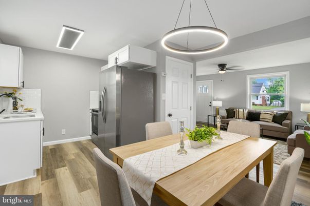 Dining room, Interior, Kitchen, Living room, Pendant Lights, Stainless Steel Appliances, Wood Texture Flooring