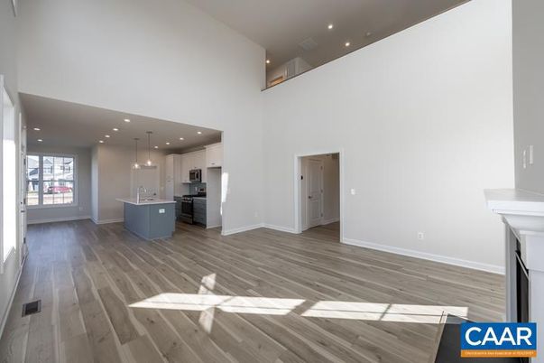 Fireplace, Interior, Kitchen, Pendant Lights, Recessed Lighting, Stainless Steel Appliances, Wood Texture Flooring