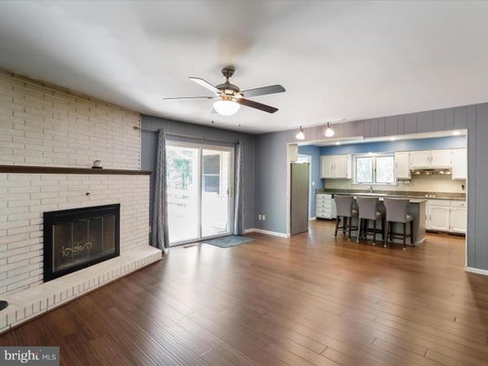 Empty room, Fireplace, Interior, Kitchen, Stone Walls, Wood Texture Flooring