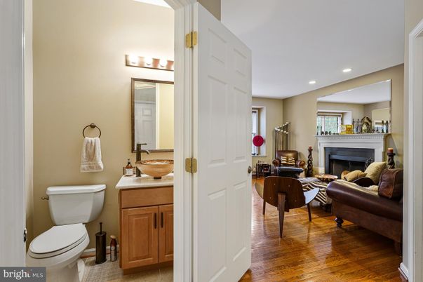 Bathroom, Fireplace, Interior, Living room, Recessed Lighting, Wood Texture Flooring