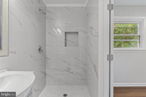 Bathroom, Interior, Marble Walls, Wood Texture Flooring