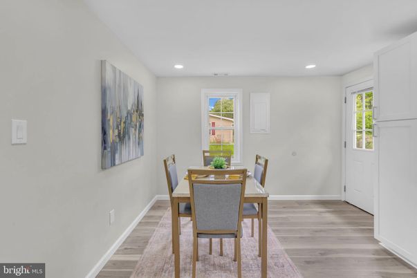 Dining room, Interior, Recessed Lighting, Wood Texture Flooring