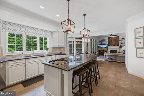 Fireplace, Interior, Kitchen, Pendant Lights, Recessed Lighting, Stone Walls