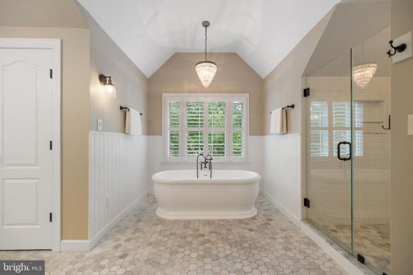 Bathroom, Chandelier, Free Standing Baths, Glass Shower, Interior, Pendant Lights