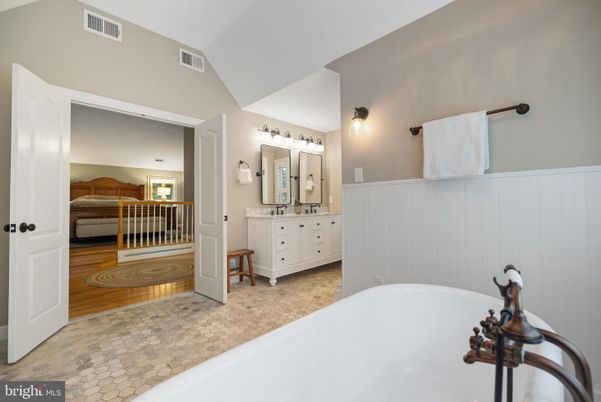 Bathroom, Dual Sink Vanities, Free Standing Baths, Interior, Wood Texture Flooring