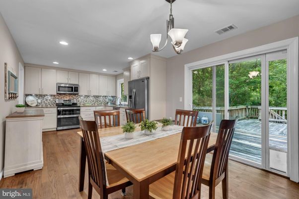 Dining room, Interior, Kitchen, Pendant Lights, Recessed Lighting, Stainless Steel Appliances, Wood Texture Flooring