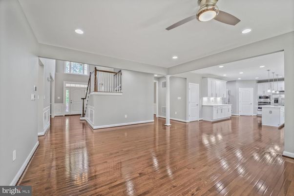Empty room, Interior, Kitchen, Pendant Lights, Recessed Lighting, Wood Texture Flooring